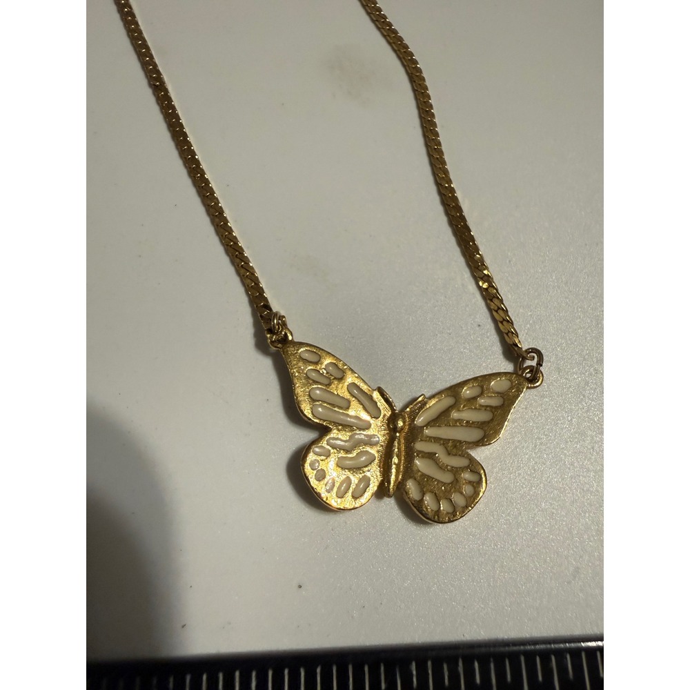 Vintage Monet Gold Tone Cream Enamel Butterfly Pendant Necklace 16 Inch Chain